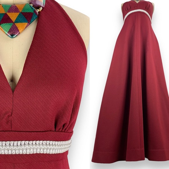 1960s custom made A-line halter maroon hippie dress with matching cropped jacket - Picture 5 of 16